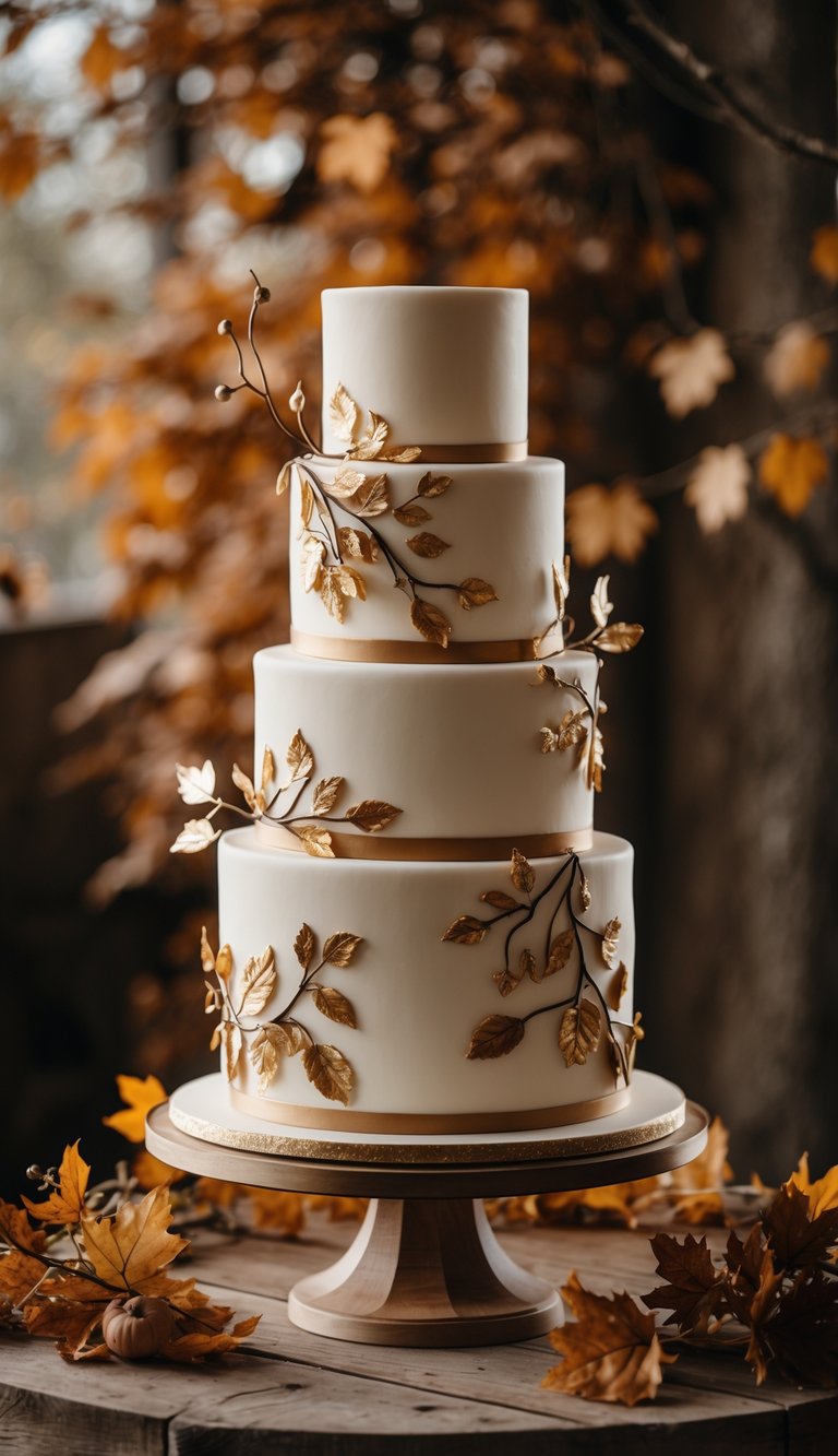 A multi-tiered wedding cake decorated with gold and brown autumn leaves on an ivory background, displayed on a wooden table with fall foliage in the background.
